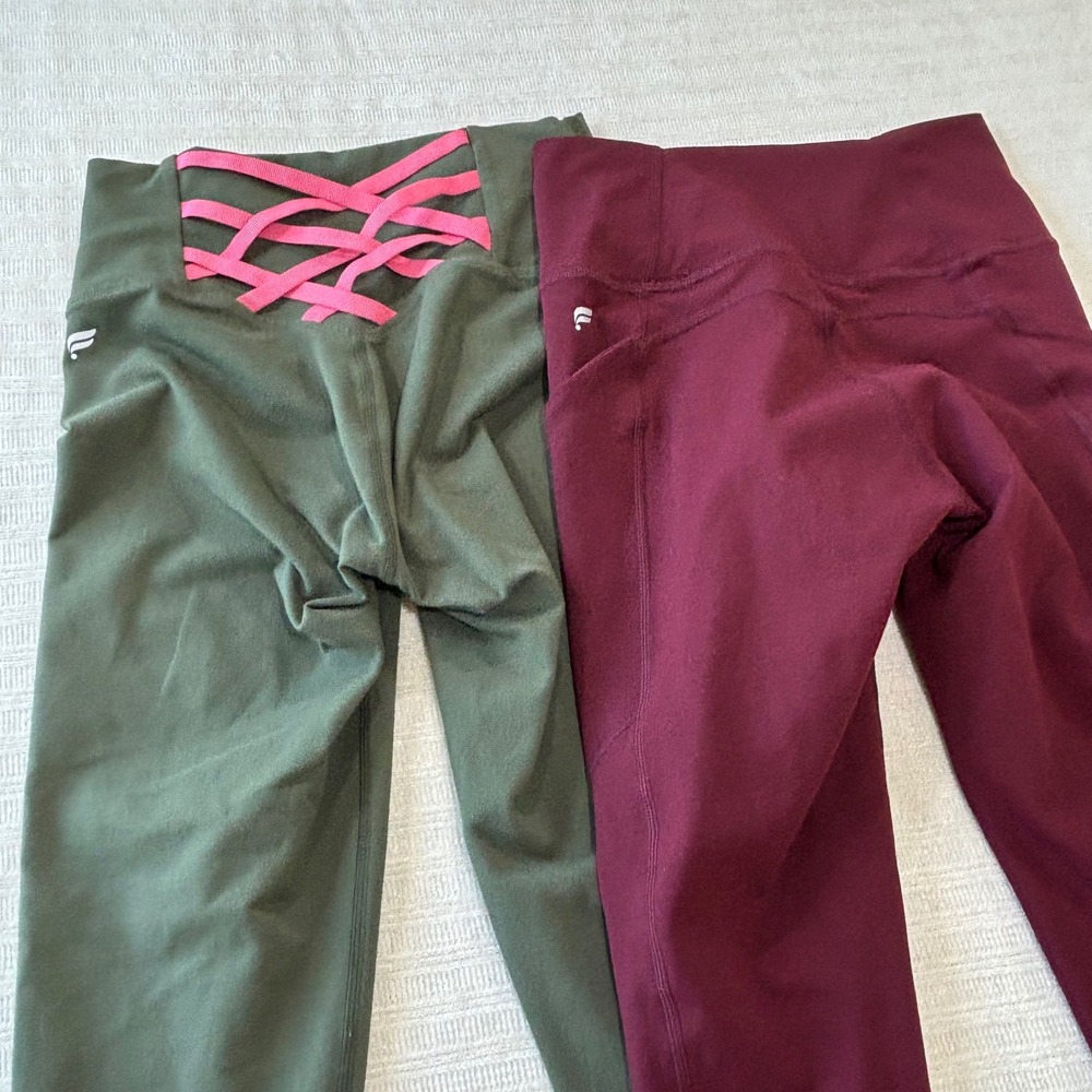 Fabletics Leggings Bundle XXS PowerHold Olive Strappy PureLuxe Burgundy Pockets